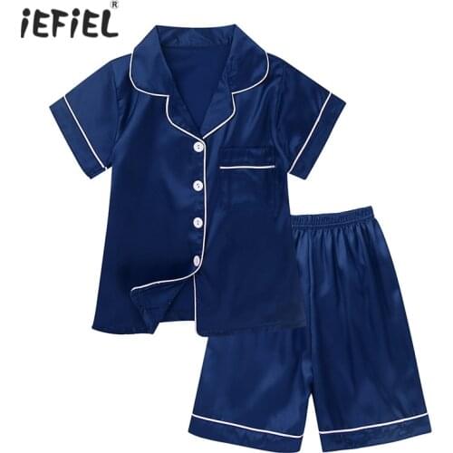 Unisex Boys Girls Two Piece Soft Clasic Silk Pajamas Set Outfit Satin Button-Down Short Sleeve Toddler Kids Sleepwear Loungewear