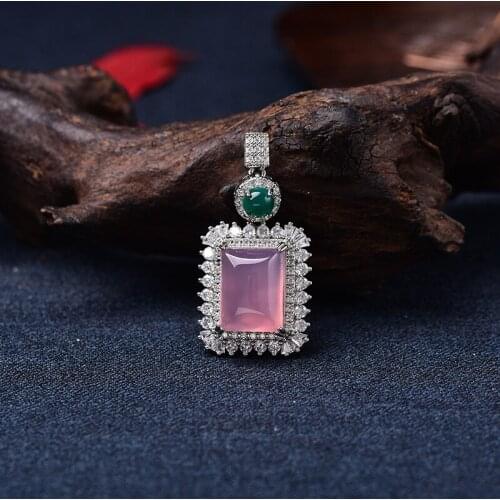 Natural Pink Chalcedony Hand Carved Square Pendant Fashion Exquisite Jewelry Womens Necklace Gift Accessories