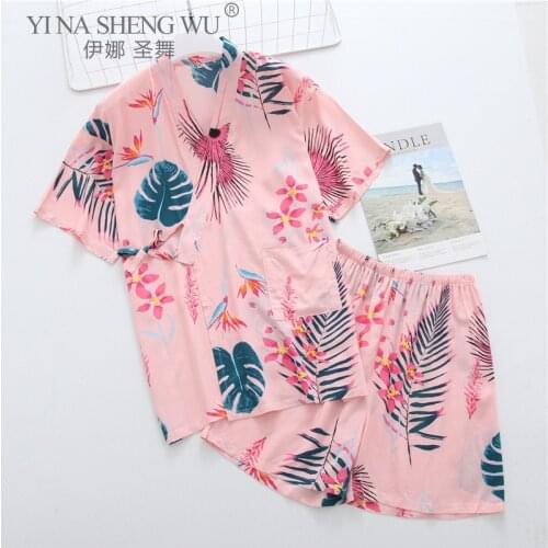 Nightwear Cute Print Homewear Summer Lounge Pyjamas New Short Sleeve Pajamas Suit for Women Hrajuku Kimono Cotton Sleepwear 2PCS