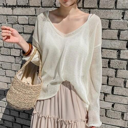 New Spring Long Sleeve Shirt Women V-neck Sexy Ladies Blouses Solid Knitted Plus Size Loose Shirts Tops Casual Blusas Mujer 9829