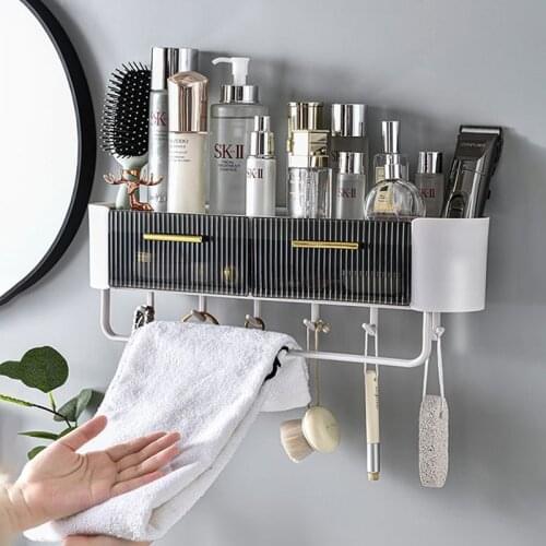 New Storage Shelf With Towel Rack Punch-free Bathroom Organizer Shampoo Cosmetic Storage Rack For Home Bathroom Accessories