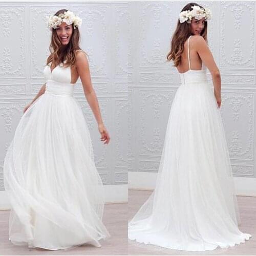 Chic Tulle Spaghetti Straps Neckline A-line Wedding Dresses Sexy Backless White Beach Wedding Dress Boho Bridal Gowns 2019 Cheap