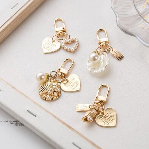 Cute Love Letter Shell Conch Pearl Keychain Girl Bag Accessories Charm Car Keyring Gold-color Gift For Lover Trinket New