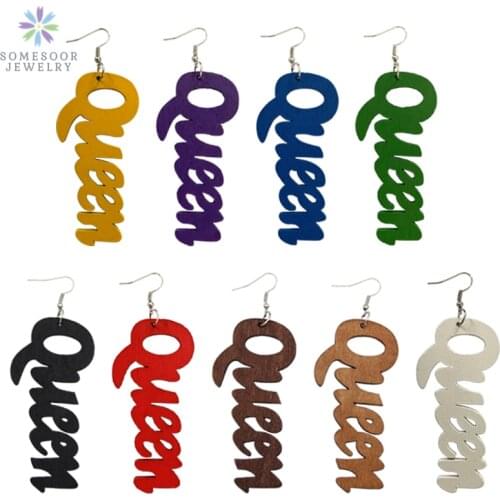 SOMESOOR Engraved Colorful Vintage Queen African Wood Drop Earrings Carved Ethnic Tribal Big Loops Dangle Jewelry For Women Gift
