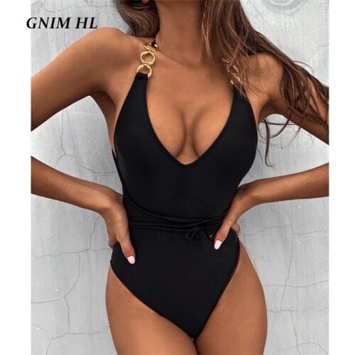 GNIM High Waist Swimwear Women One Piece Sexy V Neck Chain Swimsuit 2021 New Arrival Solid Halter High Cut Bodysuit Biquinis