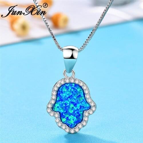 JUNXIN Cute Small Ghost Pendant Blue White Fire Opal Necklaces For Women Silver Color Zircon Clavicle Necklace