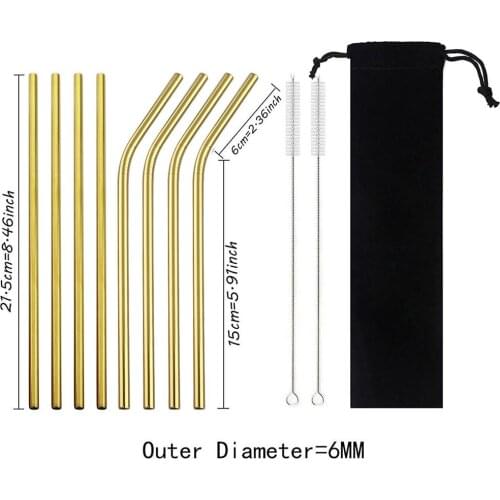Gold 304 Stainless Steel Straw Reusable Metal Drinking Straws Set Wholesale With Cleaning Brush Party Bar Accessory Eco Friendly