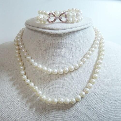 100% NATURE FRESHWATER PEARL JEWELRY SET WITH NECKLACE AND BRACELET,DOUBLE CHAIN ,AAA pearls