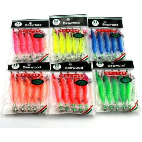 5Pcs 10cm/9.1g Squid bait Wooden Shrimp jig hook Fishing lure Octopus Lures Cuttlefish Artificial luminous jigging lure with bag