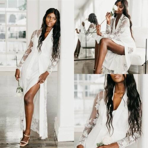 White Women Sleepwear Boudoir Dress Long Sleeve Lingerie Lace Appliqued Robe Cheap Bathrobe Tulle Nightwear Babydoll Robe Gowns