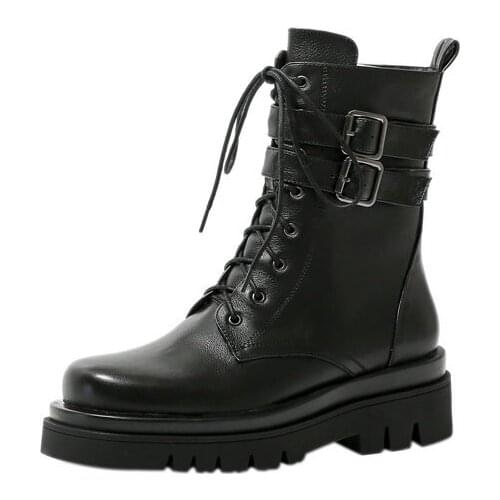 Women Ankle Boots Autumn Winter Warm Genuine Leather 5cm Heels Shoes Woman Round Toe Cross-tied Motocycle Boots