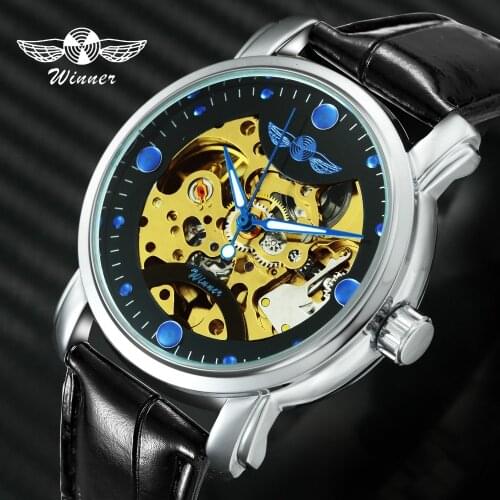 WINNER Official Brand Vintage Automatic Mechanical Watches for Men Leather Strap Gold Skeleton Dial Fashion Sports Wrist Watch