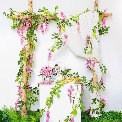 2M Wisteria Artificial Flowers Vine Garland Wedding Arch Decoration Fake Plants Foliage Rattan Trailing Faux Flowers Ivy Wall