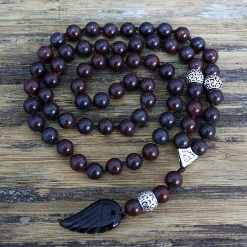 Quality 8MM Black Natural stone Beads with black stone wing Pendant Mens Rosary Necklace Mens Mala jewelry