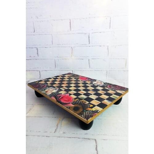 Checkered Flower Pattern Square Wood Ductile