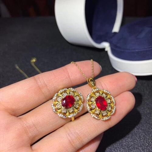 Natural ruby set, simple and practical, ring necklace, womens party wear must-have jewelry, 925 sterling silver