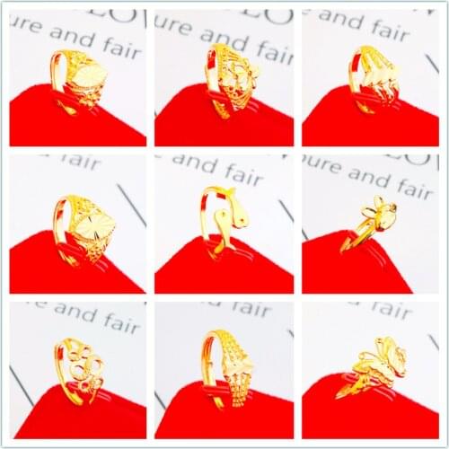 Korean Luxury 24K Gold Color Simple Design Opening Rings Flat Polished Vintage Wedding Engaged Rings for Women Finger Jewelry