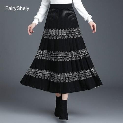 FairyShely Black Knitted Long Pleated Skirt Women 2020 Autumn Winter Warm High Waist Midi Skirt Ladies Retro Shiny Office Skirts