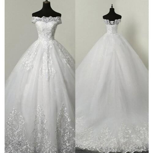 2021 Strapless Off Shoulder Short Sleeve Sweep Train Tulle Lace Elegant Lace-up Wedding Dress Bride Gown Vestidos De Novia