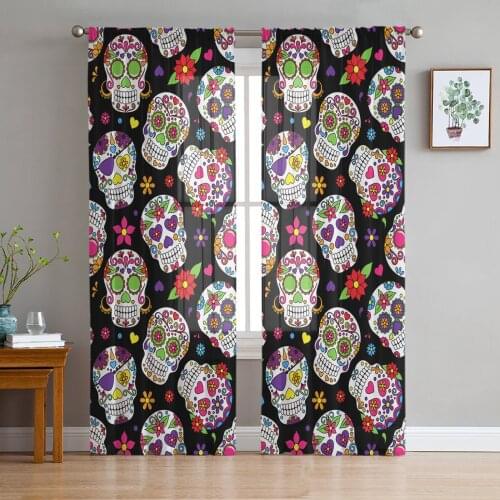 Mexico Colorful Skull Human Flowers Tulle Sheer Window Curtains for Living Room Kitchen Children Bedroom Voile Hanging Curtain