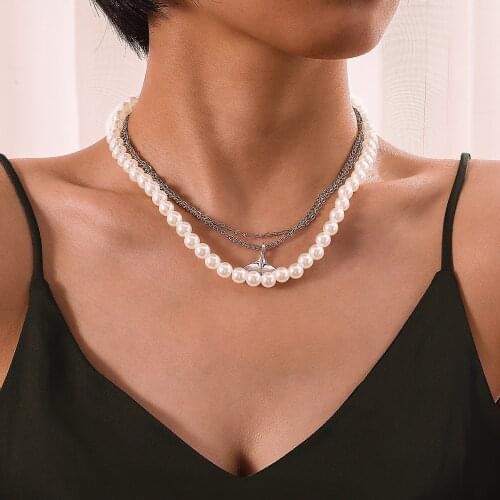 Fashion casual women pearl necklace double necklace Bridal wedding jewelry Female student beauty accessories Pendant necklace