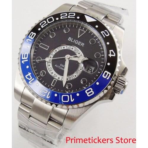 Black blue bezel black dial BLIGER 43mm automatic mens watch ceramic bezel date GMT sapphire