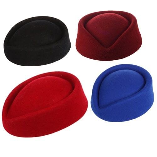New Elegant Wool Felt Pillbox Stewardess Air Hostesses Beret Hat Party Base Cap