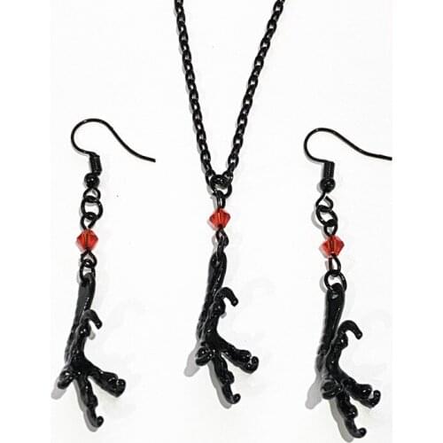 3pcs/set Raven Crow Bird Claw Necklace & Earrings with Red Crystal Beads Gothic Punk style Female Bijoux Party Gift Wholesale