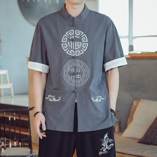 Man Retro Chinese Style Shirt Traditional Clothing Tang Suit Mandarin Collar Shirt Linen Embroidery Buckle Streetwear Tops 30519