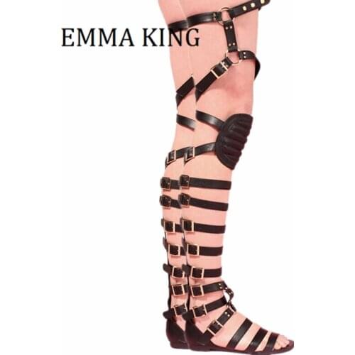 Summer Women Gladiator Sandals Boots Ladies Sexy Flat Heel Thigh-high Boots Female Adjustable Buckled Straps Golden Party Shoes