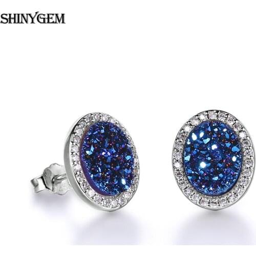 ShinyGem Trendy Round Heart Shape Small Natural Opal Sparkling Druzy Stone Stud Earrings Micro Inlay Zircon For Women Jewelry