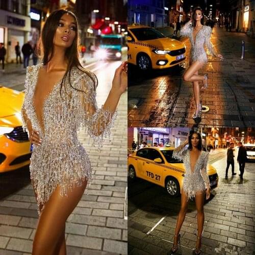 Sexy Mini Cocktail Dresses Deep V Neck Lace Beads Tassel Illusion Long Sleeve Evening Dress Party Wear Custom Made