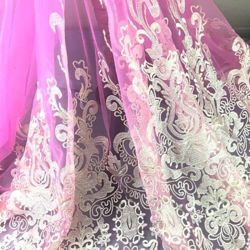 One meter Quality Transparent pink lace fabrics Three dimensional embroidery fabric High grade dress wedding dress DIY tissu