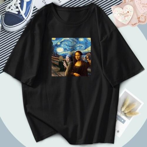Streetwear Mona Lisa Summer T-shirts Women O-Neck Print Outdoor T Shirts Hip Hop Casual Tops Tees Loose Fit Camiseta Female