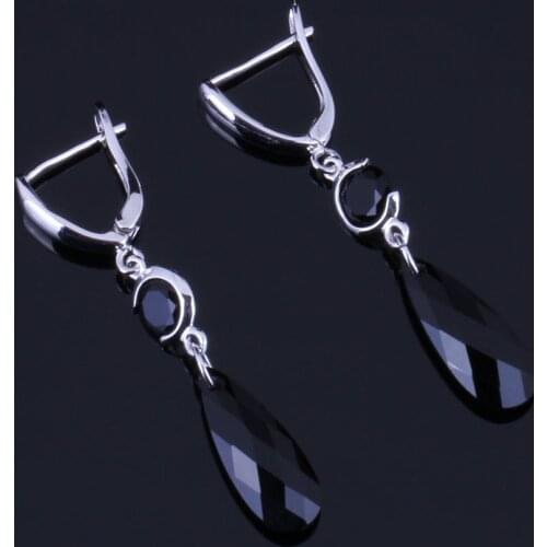 Magnificent Black Cubic Zirconia Silver Plated Drop Dangle Earrings V0352