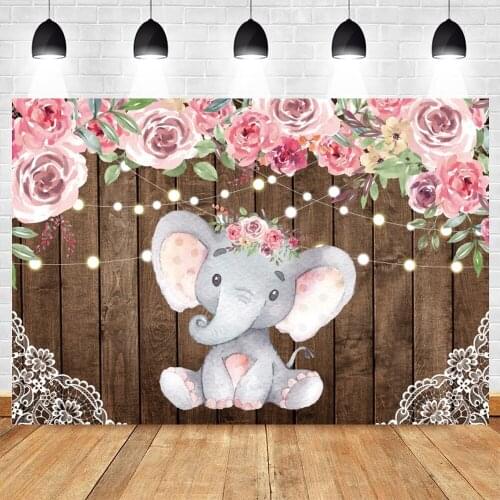 Wood Board Glitter Pink Flower Elephant Newborn Baby Shower Princess Birthday Background Photography Backdrop Vinyl Photophone