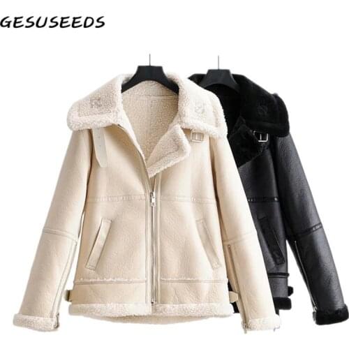 2020 Pu faux leather jacket women black jacket vintage loose coats and jackets women winter beige faux fur leather coat female
