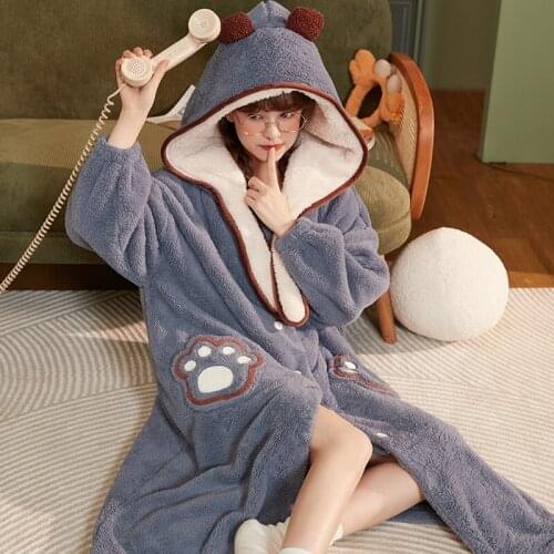 Women Sleepwear Coral Fleece New Plush Night-robe Inspissate Winter Pajamas Hooded Loose Version Halter Medium Style Nightdress