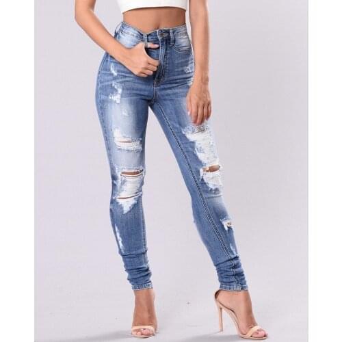Hole Jeans Women Casual Button High Waist Jean Femme Pencil Pants Fashion Solid Color Denim Trousers Plus Size S-3XL джинсы