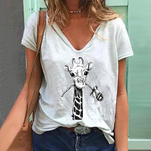 Women Summer Tops Loose Giraffe Soft Causal Short Sleeve T-shirt Top V-neck Casual Loose Tops Camiseta Mujer Verano #PY