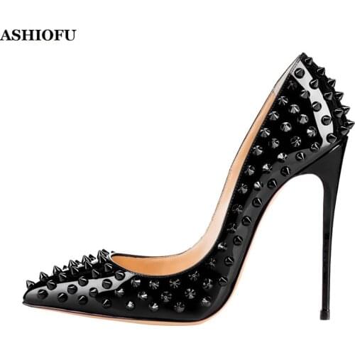 ASHIOFU New Hot Sale Handmade Womens Sky Heel Pumps Rivets Spikes Party Prom Dress Shoes Sexy Evening Club Fashion Court Shoes