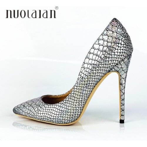 2019 Brand fashion Women Shoes Silver Snake Printed Woman Shoes Sexy Stilettos High Heels 12cm/10cm/8cm Pointed Toe Women Pumps