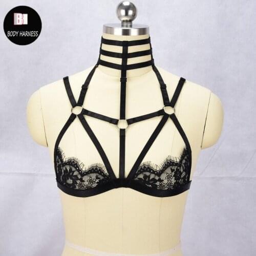 Womens Black Harness lace Cage Bra Bondage Body Harness Crop Top Frame harness Bra Fetish Rave Wear lace cag bra