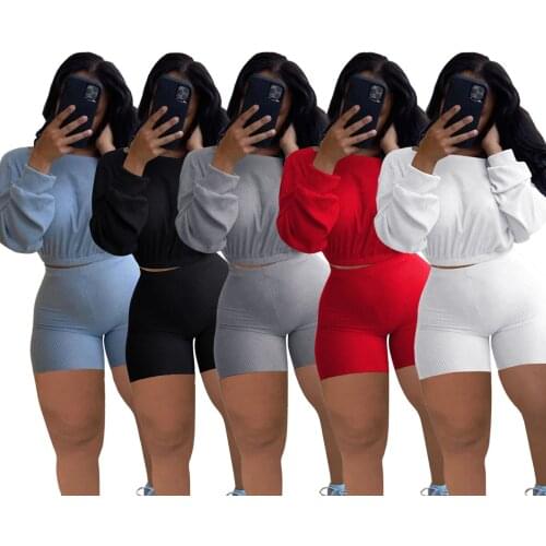 Echoine Long Sleeve Crop Top Tshirt Shorts Set Women Tracksuit Sports Jogger Suit Two Piece Set Party Clubwear Summer Autumn