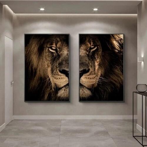 2Pcs African Wild Lion Head Modular Animals Canvas Painting Wall Art Picture for Living Room Home Decor (No Frame)