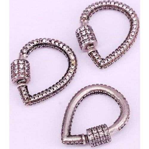 5Pcs, Vintage Antique Silver Color CZ Micro Pave Crystal Zirconia Drop Shaped Lock Carabiner Clasp Jewelry Findings