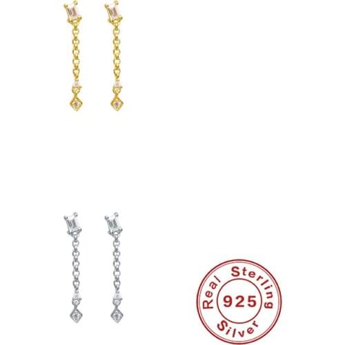 Canner Real Sterling 925 Silver Piercing Rectangle Zircon Hanging Stud Earring For Women Luxury Pendientes Plata 925 Jewelry