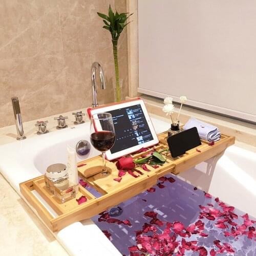 Bamboo Bathtub Frame Multifunctional Telescopic Non-slip Red Wine Bracket Bathtub Trays