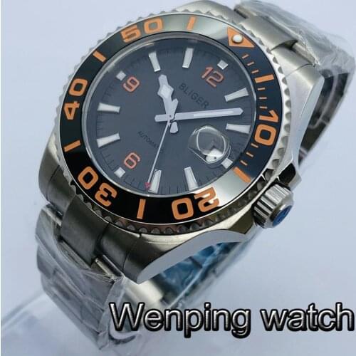 Bliger 43mm New Mens Top Luxury Mechanical Watch Sapphire Glass Ceramic Bezel Gray Dial Date Waterproof Luminous Automatic Watch