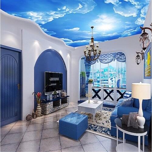 Beibehang photo wallpaper clouds sky blue and white interior ceiling Top lobby living room conference Beibehang 3d wallpaper